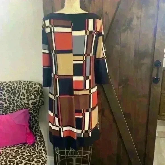 Emma & Michele Geometric Color Block Size Large 3/4 Sleeve Sheath Dress - Picture 5 of 8